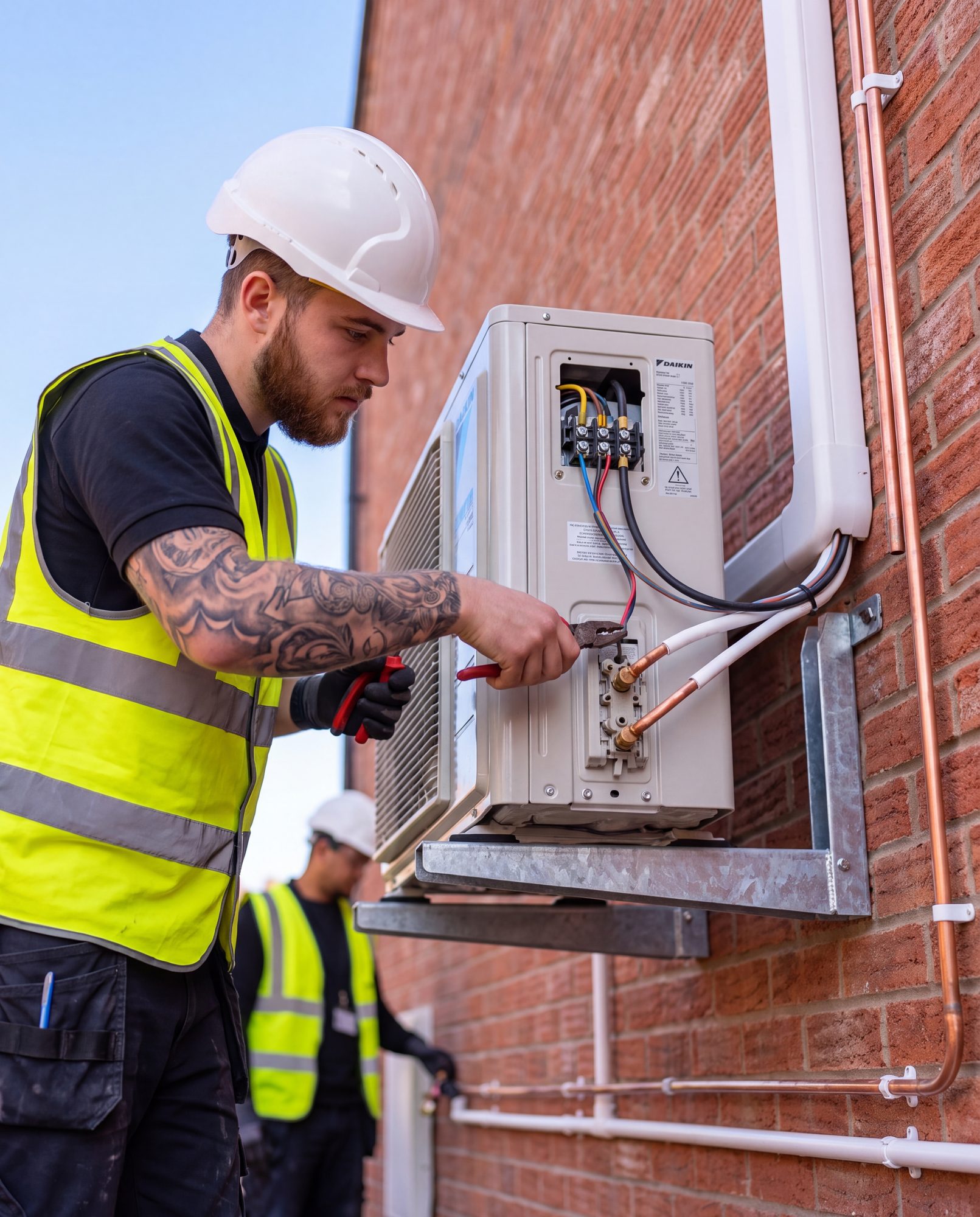 A Pro-Fit engineer wiring the terminal block of a Daikin outdoor unit