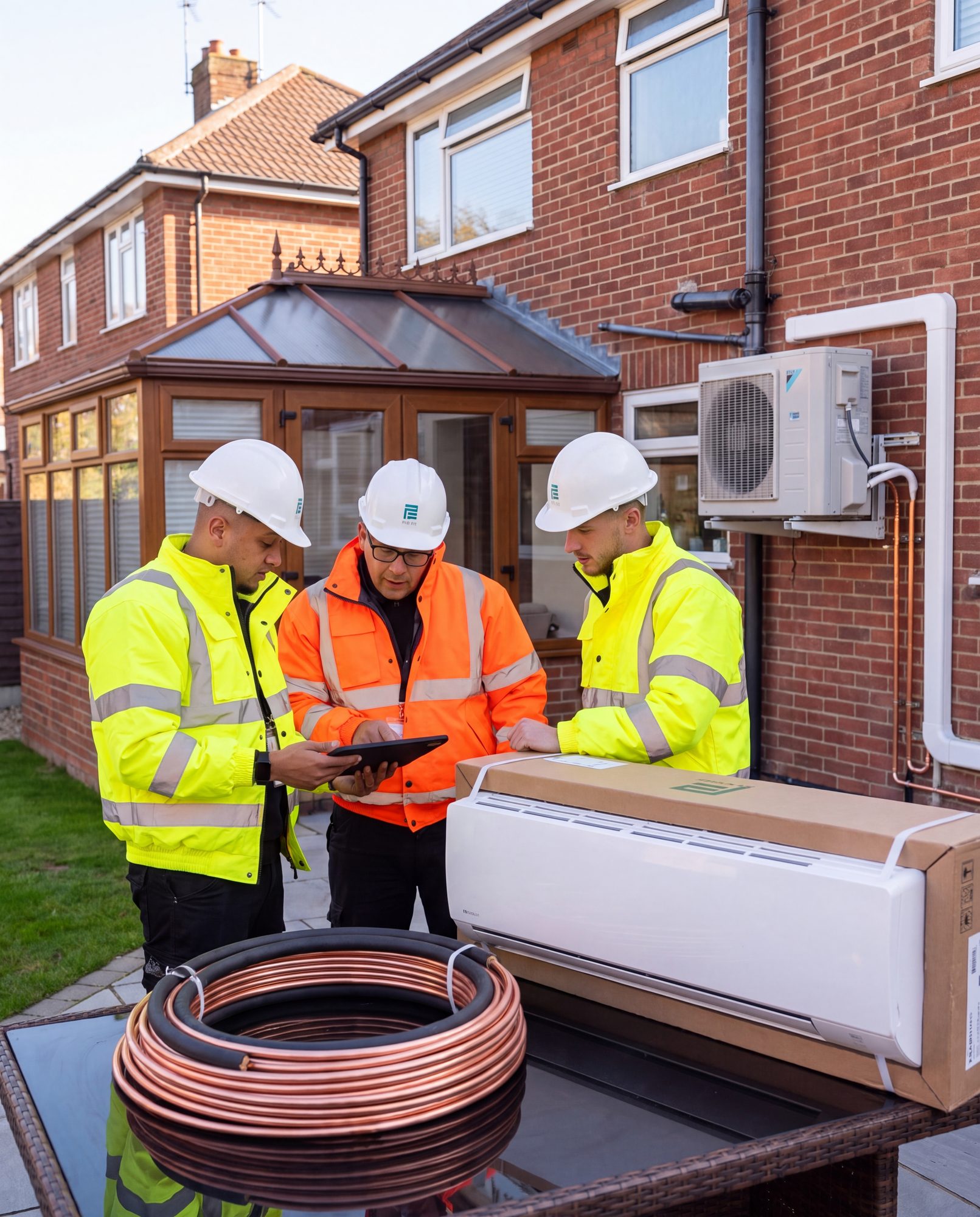 Three Pro-Fit engineers in branded hard hats looking over a tablet together in a back garden, with a boxed air conditioning unit and a coil of copper pipe on the table in front of them